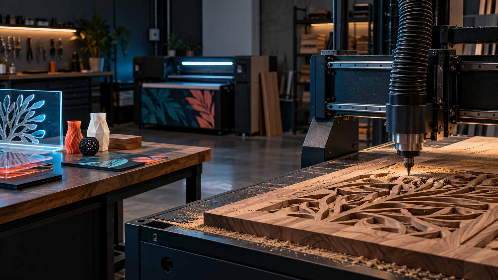 Taller de fabricación personalizada con CNC, láser, impresión UV y 3D